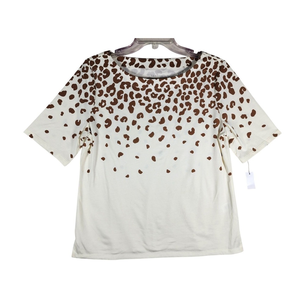 Talbots NWT Women M Leopard Print Cotton Knit Top Brown Ivory Casual Chic Safari - Picture 1 of 6